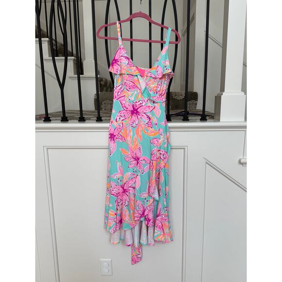 Lilly Pulitzer Women's Surf Blue Fontaine Knee Length Wrap Dress Size M - Picture 4 of 7